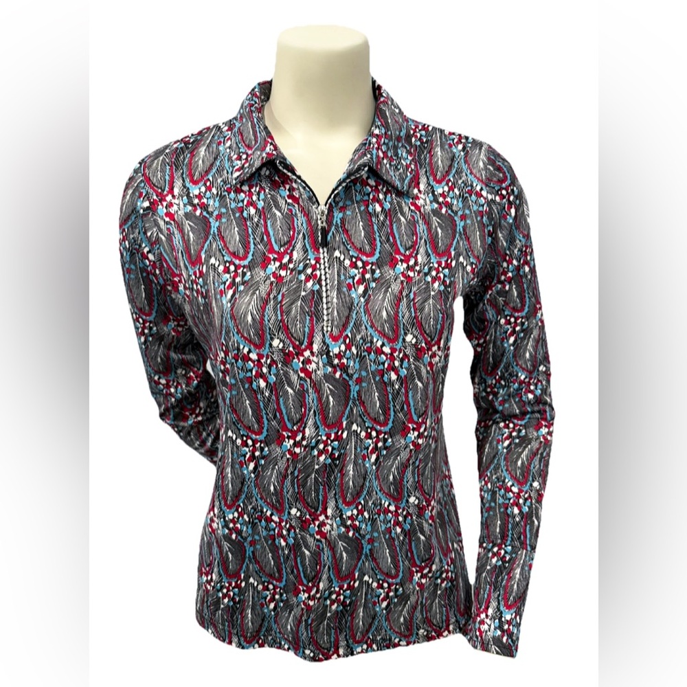 Sport Haley Feather Print Stretch Golf Top Zip Collar Multicolor Long Sleeve M